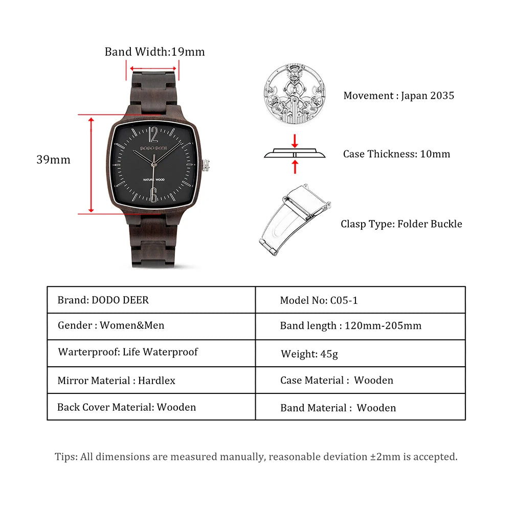 Retro Unisex Wooden Watch for Men or Women - Square Analog Face Unique Hands