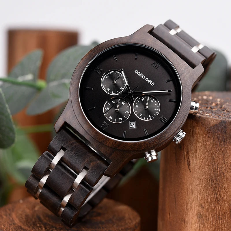 Men’s Classic Sports Wooden Watch - Round Analog Face With Date Display