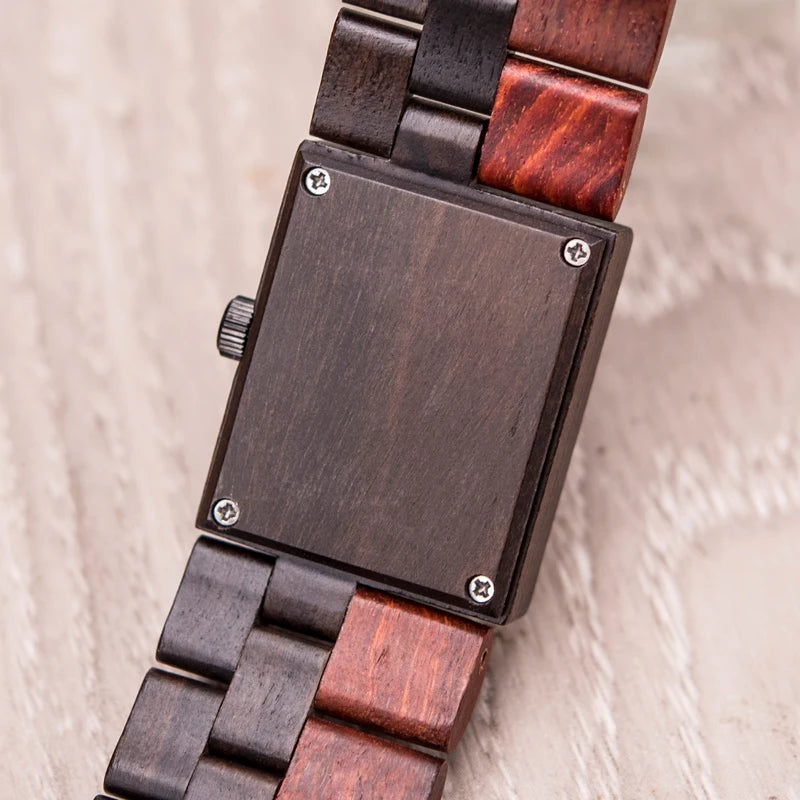 Ladies Wooden Watch With Square Analog Face - Quartz Movement And Retro Display