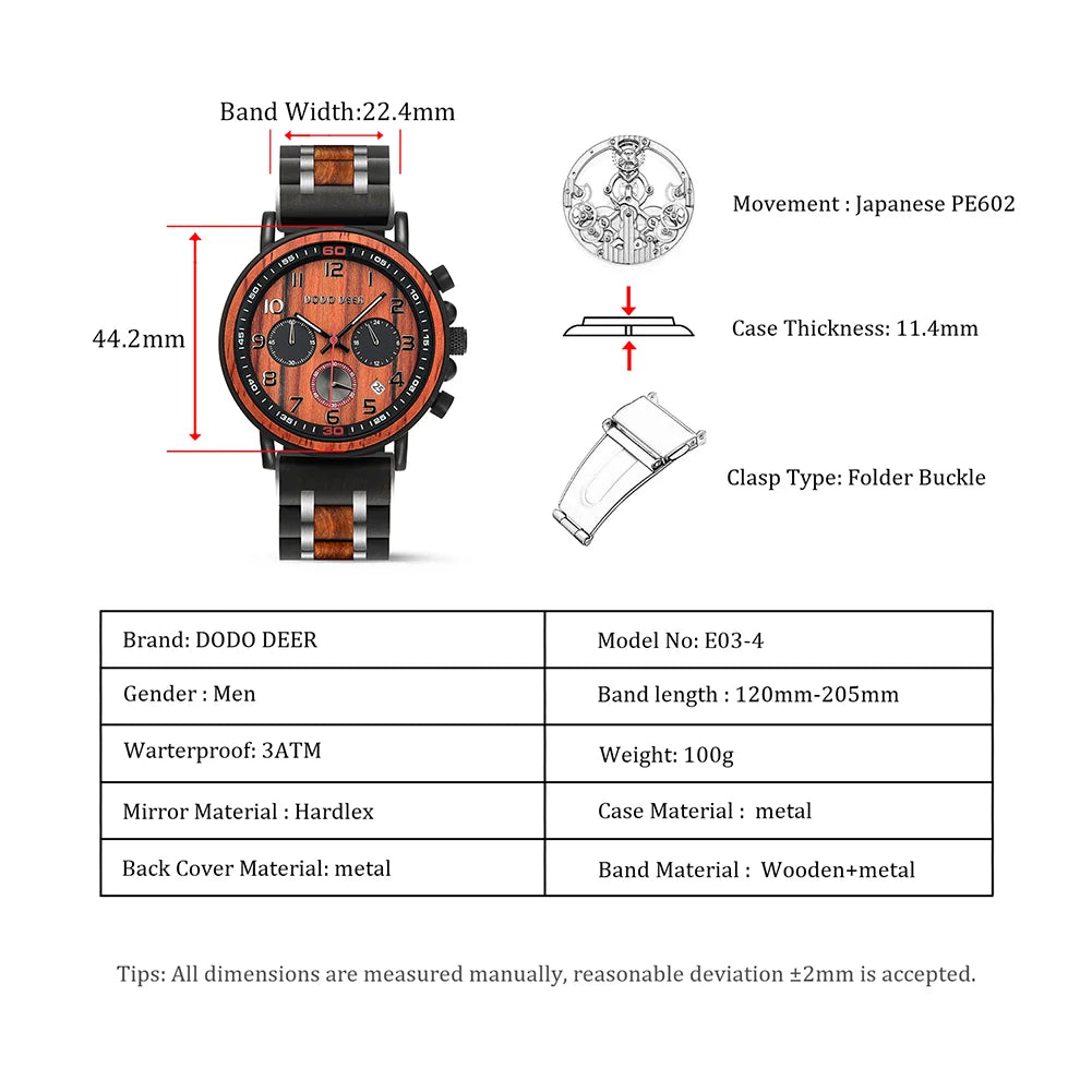 Classic Fashion Men’s Wooden Watch - Red Sandalwood Chronograph Quartz Movement Wristwatch