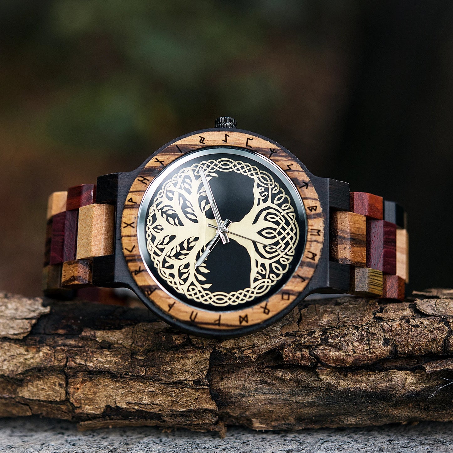 Men's Handmade Wooden Wristwatch - Viking Style Carved Round Face - Quartz Movement