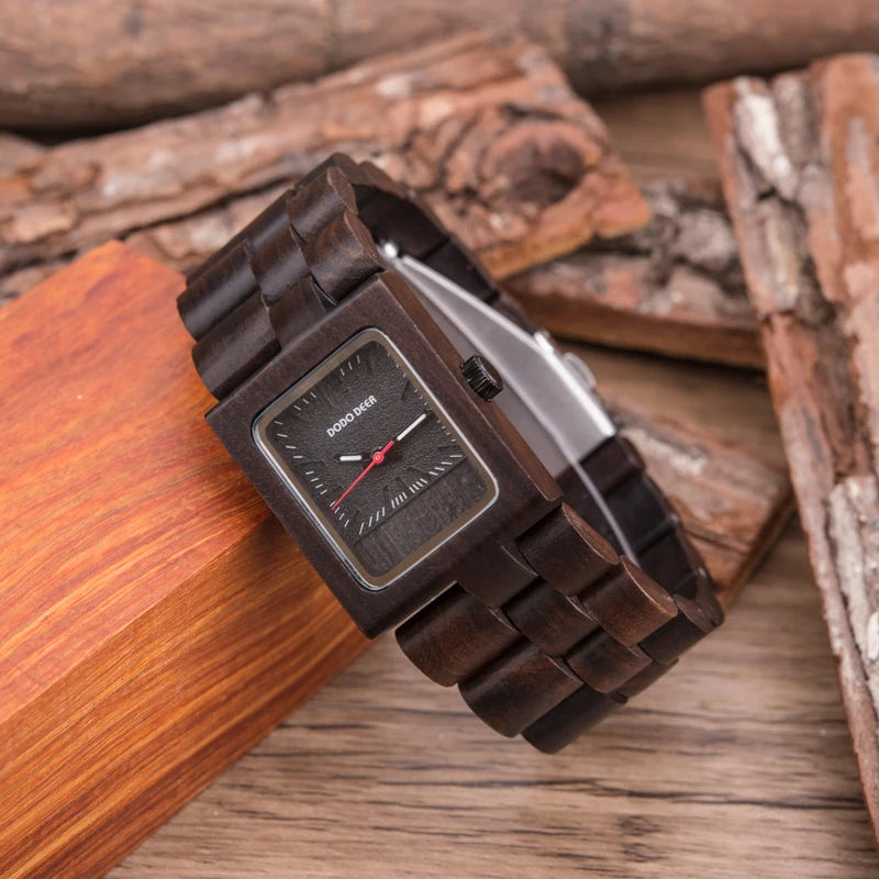 Ladies Wooden Watch With Square Analog Face - Quartz Movement And Retro Display