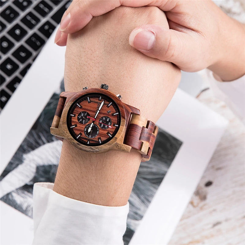 Men’s Quartz Wooden Watch With Luminous Hands And Round Face - Sports Style Wristwatch With Analog Time And Date Display