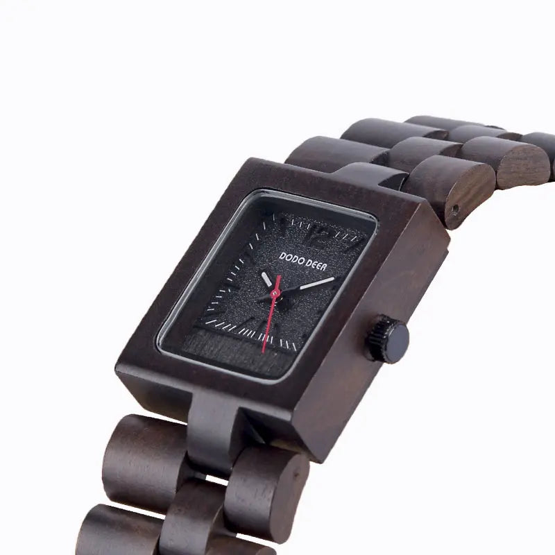 Ladies Wooden Watch With Square Analog Face - Quartz Movement And Retro Display