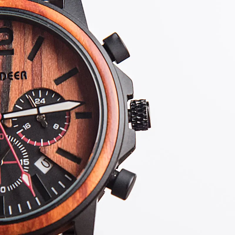 Men’s Stainless Steel And Wood Wrist Watch - Chronographic Sports Face With Analog Date And Time Display