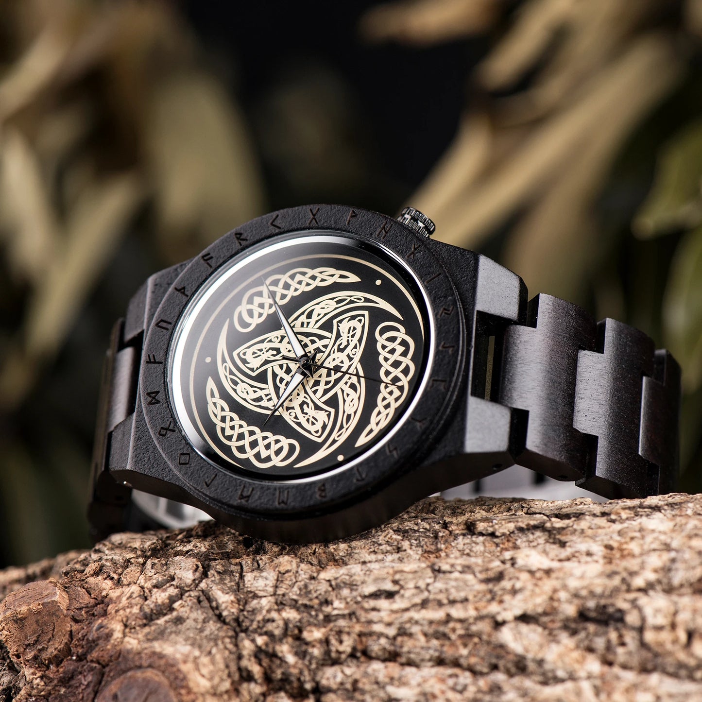 Men's Handmade Wooden Wristwatch - Viking Style Carved Round Face - Quartz Movement