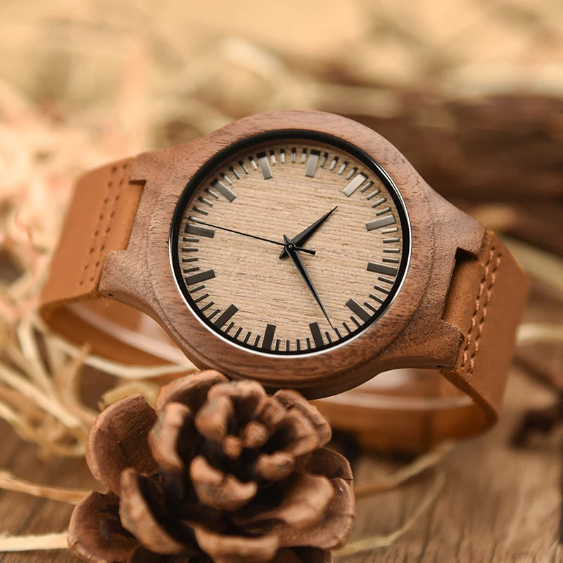 Mens Wooden Face Watch With Leather Wristband - Simple Rustic Timepiece