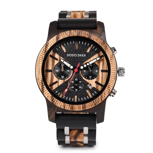 Men’s Chronographic Wooden Sports Watch - Date And Time Analog Display With Round Face
