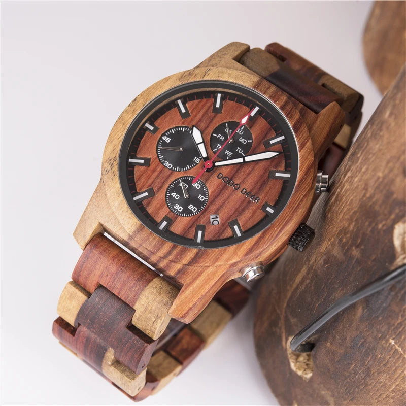Men’s Quartz Wooden Watch With Luminous Hands And Round Face - Sports Style Wristwatch With Analog Time And Date Display