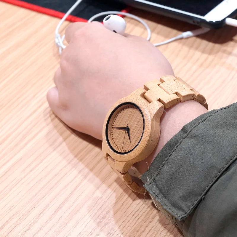 Women's Bamboo Wooden Wrist Watch With Full Wood Links Ladies Unique Casual Quartz Watch