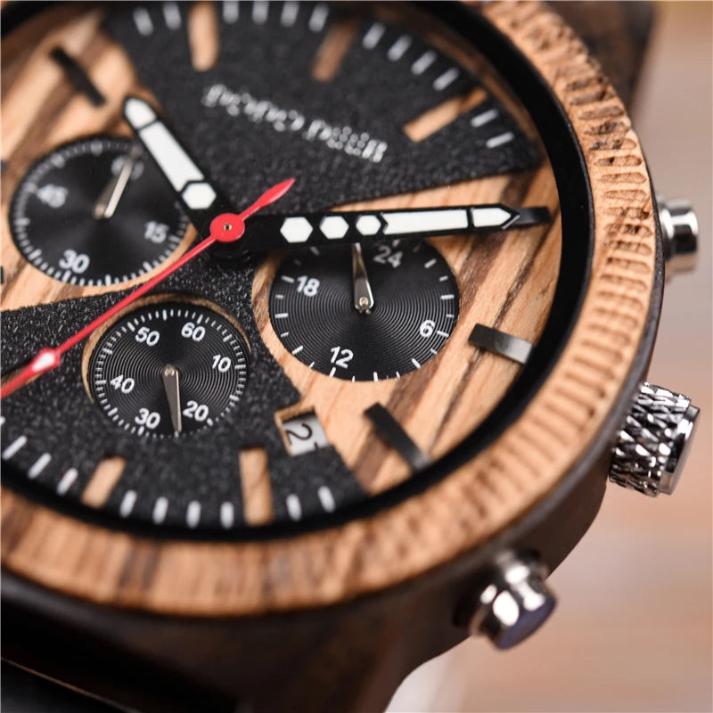 Men’s Chronographic Wooden Sports Watch - Date And Time Analog Display With Round Face