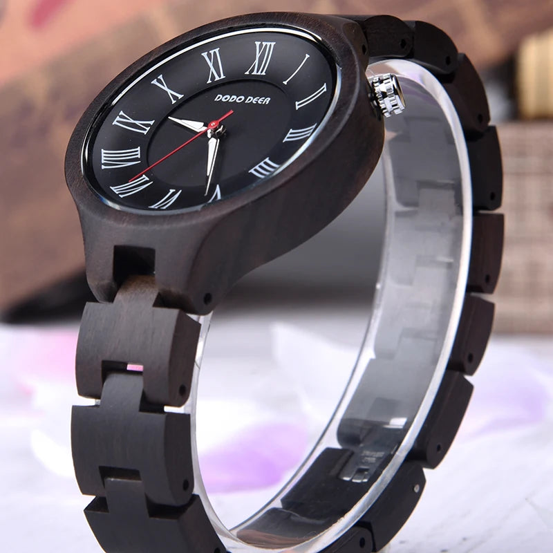 Women’s Quartz Wrist Watch - Ebony Wooden Watch With Luminous Hands - Analog Face & Roman Numerals