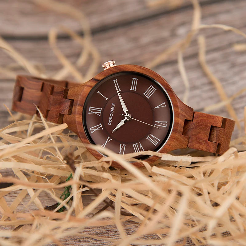 Simple Wooden Quartz Analog Wrist Watch For Women - Round Face With Roman Numerals