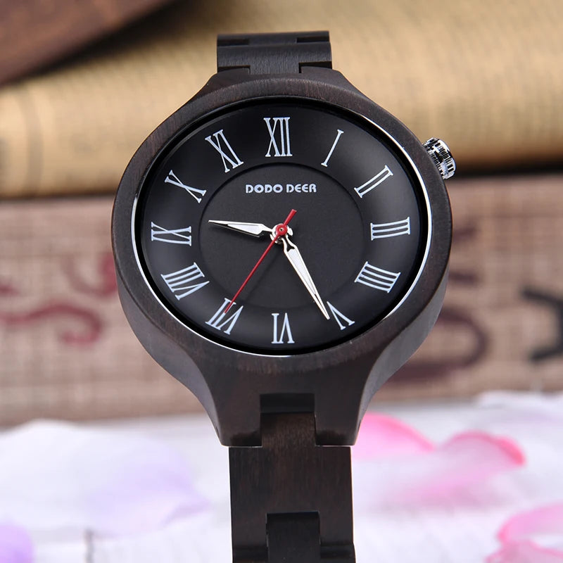 Women’s Quartz Wrist Watch - Ebony Wooden Watch With Luminous Hands - Analog Face & Roman Numerals