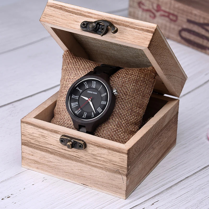 Women’s Quartz Wrist Watch - Ebony Wooden Watch With Luminous Hands - Analog Face & Roman Numerals