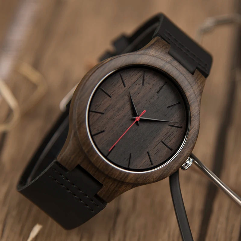 Men’s Wooden Watch With Round Analog Face - Quartz Movement Chocolate Colored Wooden Body