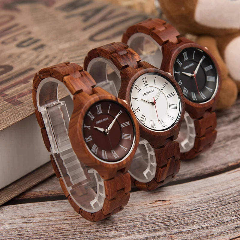 Simple Wooden Quartz Analog Wrist Watch For Women - Round Face With Roman Numerals