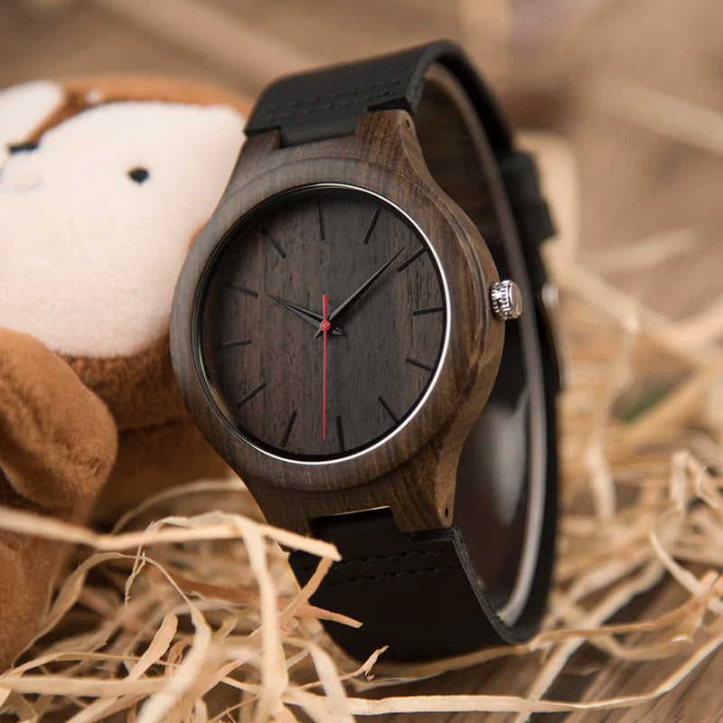 Men’s Wooden Watch With Round Analog Face - Quartz Movement Chocolate Colored Wooden Body
