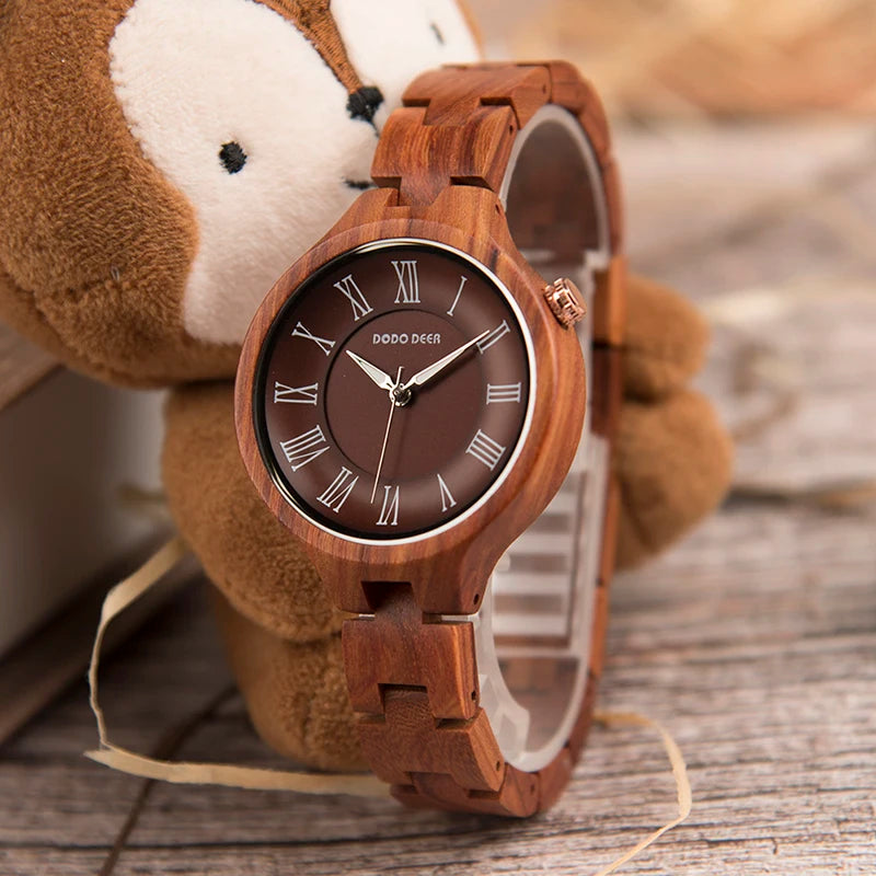 Simple Wooden Quartz Analog Wrist Watch For Women - Round Face With Roman Numerals