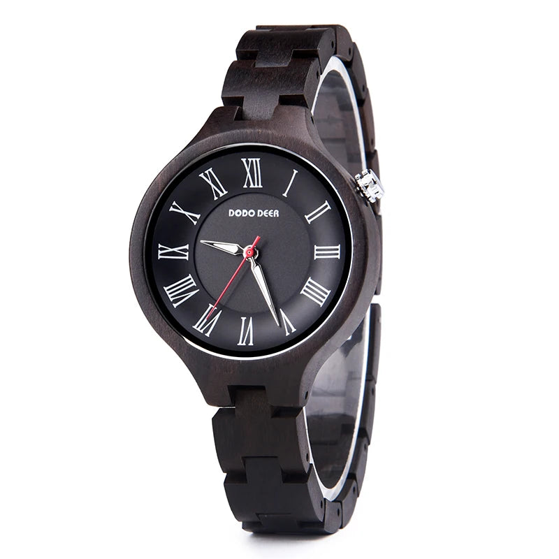 Women’s Quartz Wrist Watch - Ebony Wooden Watch With Luminous Hands - Analog Face & Roman Numerals