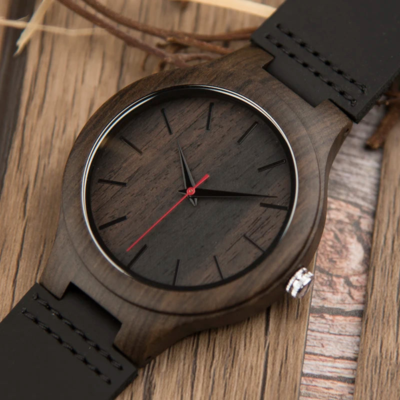 Men’s Wooden Watch With Round Analog Face - Quartz Movement Chocolate Colored Wooden Body