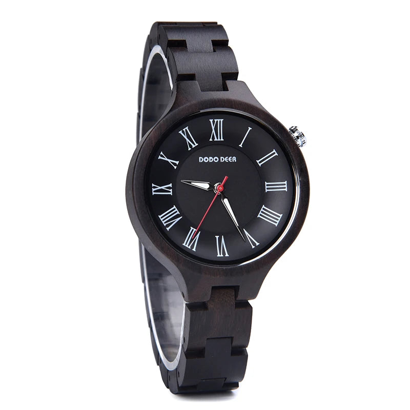 Women’s Quartz Wrist Watch - Ebony Wooden Watch With Luminous Hands - Analog Face & Roman Numerals