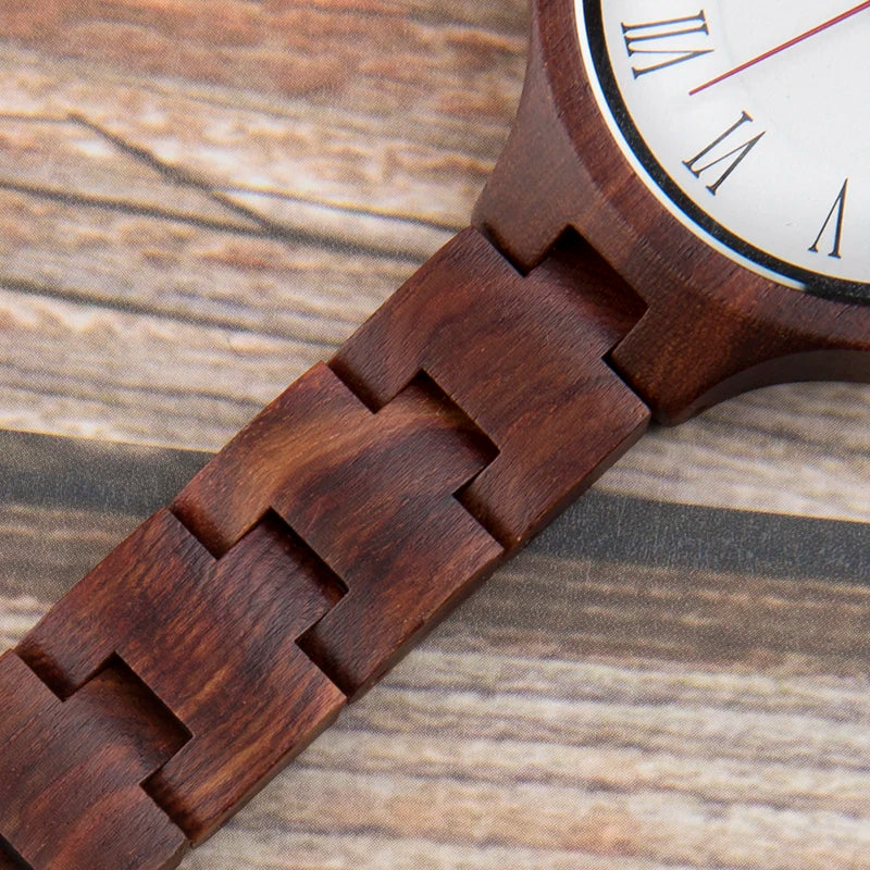 Simple Wooden Quartz Analog Wrist Watch For Women - Round Face With Roman Numerals