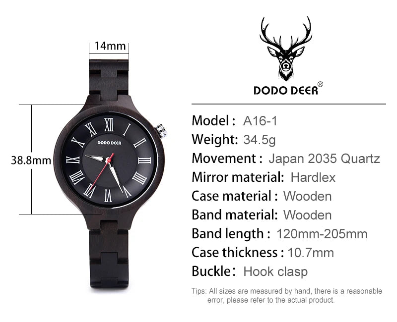 Women’s Quartz Wrist Watch - Ebony Wooden Watch With Luminous Hands - Analog Face & Roman Numerals