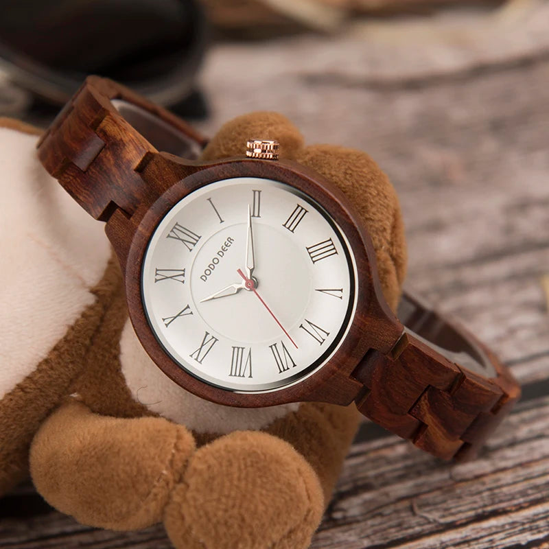 Simple Wooden Quartz Analog Wrist Watch For Women - Round Face With Roman Numerals