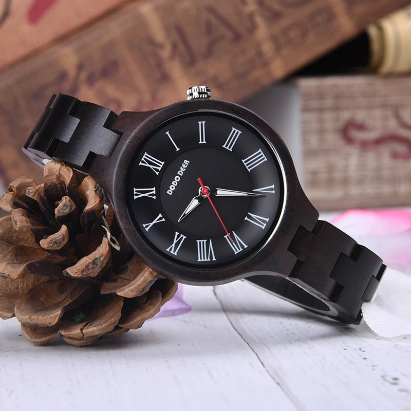 Women’s Quartz Wrist Watch - Ebony Wooden Watch With Luminous Hands - Analog Face & Roman Numerals