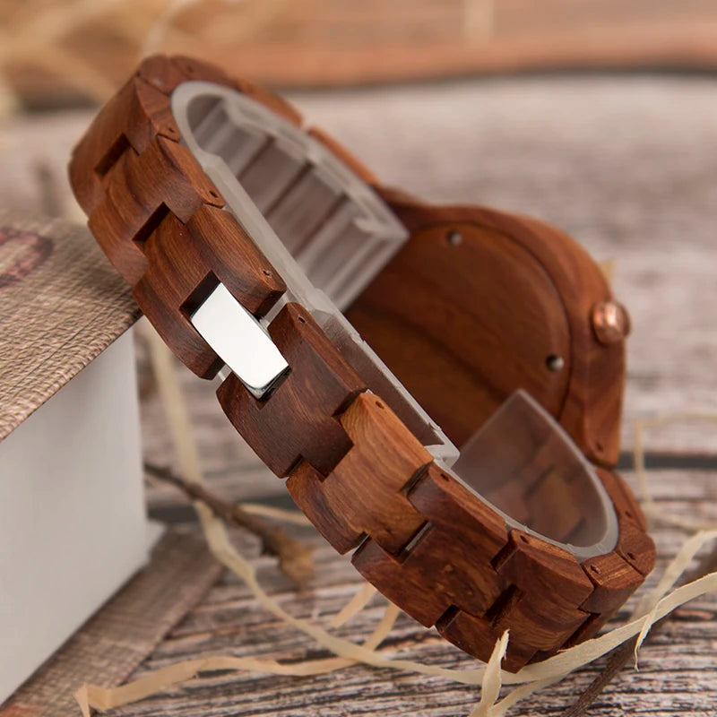Simple Wooden Quartz Analog Wrist Watch For Women - Round Face With Roman Numerals