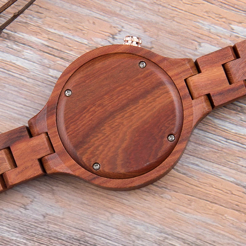 Simple Wooden Quartz Analog Wrist Watch For Women - Round Face With Roman Numerals