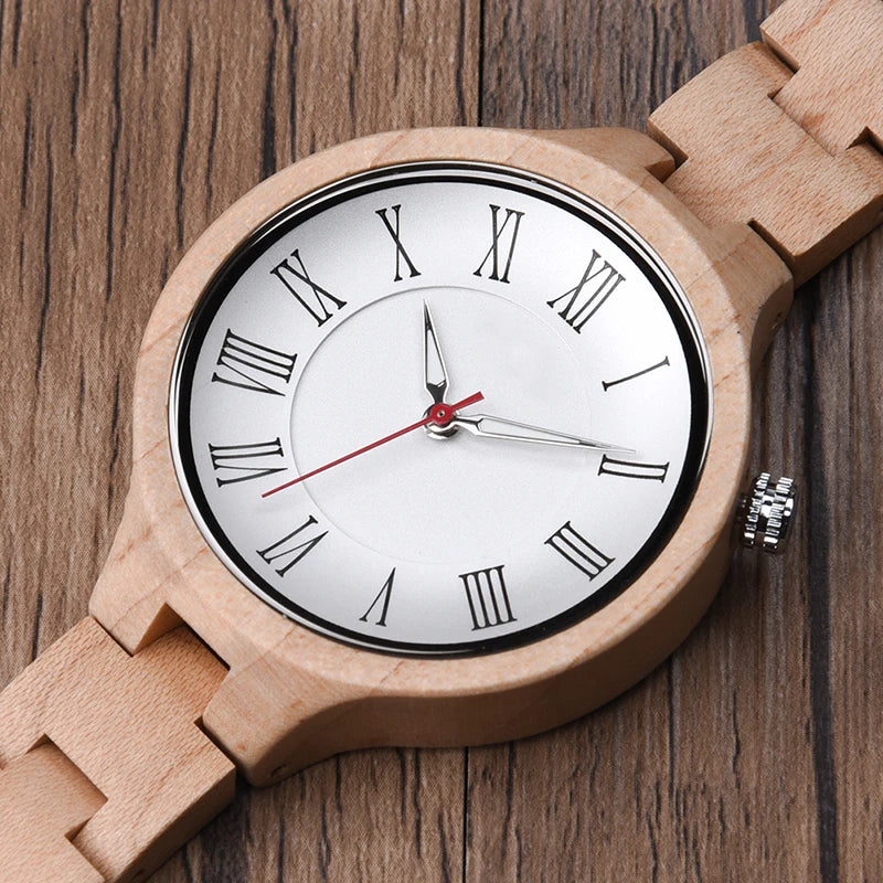Women's Wooden Fashion Watch - Classic Retro Analog Display With Tound Face And Quartz Movement