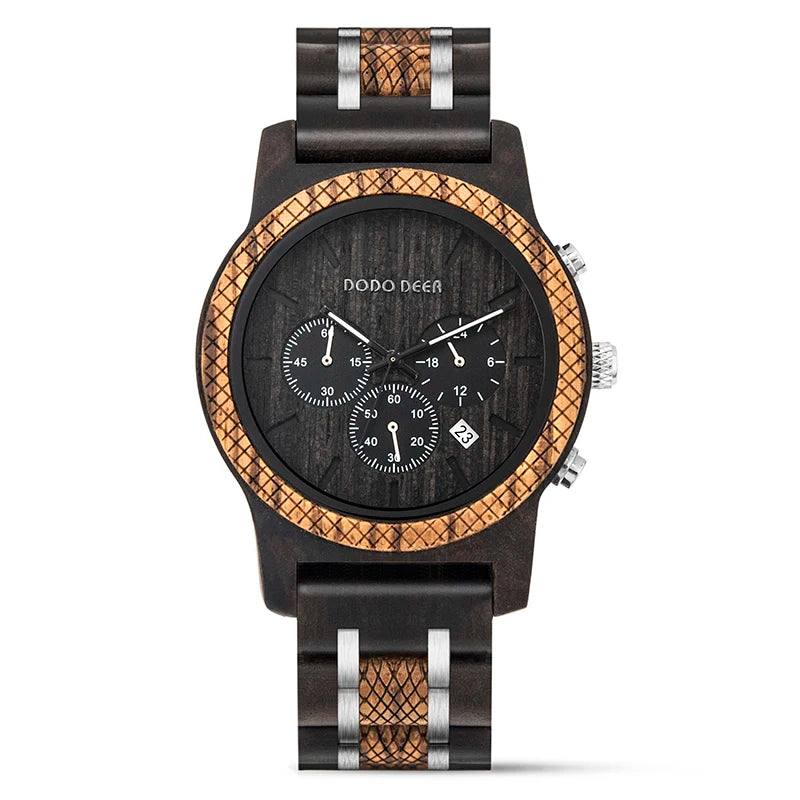 Men’s Wooden Quartz Chronographic Sports Watch - Analog Face With Luminous Hands And Time Date Display