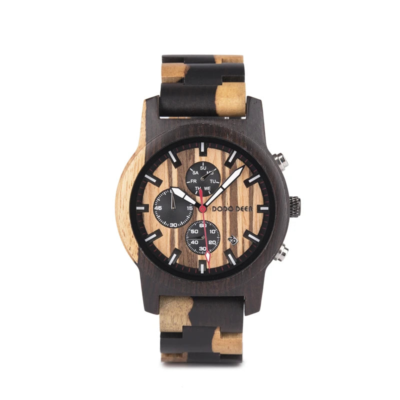 Men’s Quartz Wooden Watch With Luminous Hands And Round Face - Sports Style Wristwatch With Analog Time And Date Display