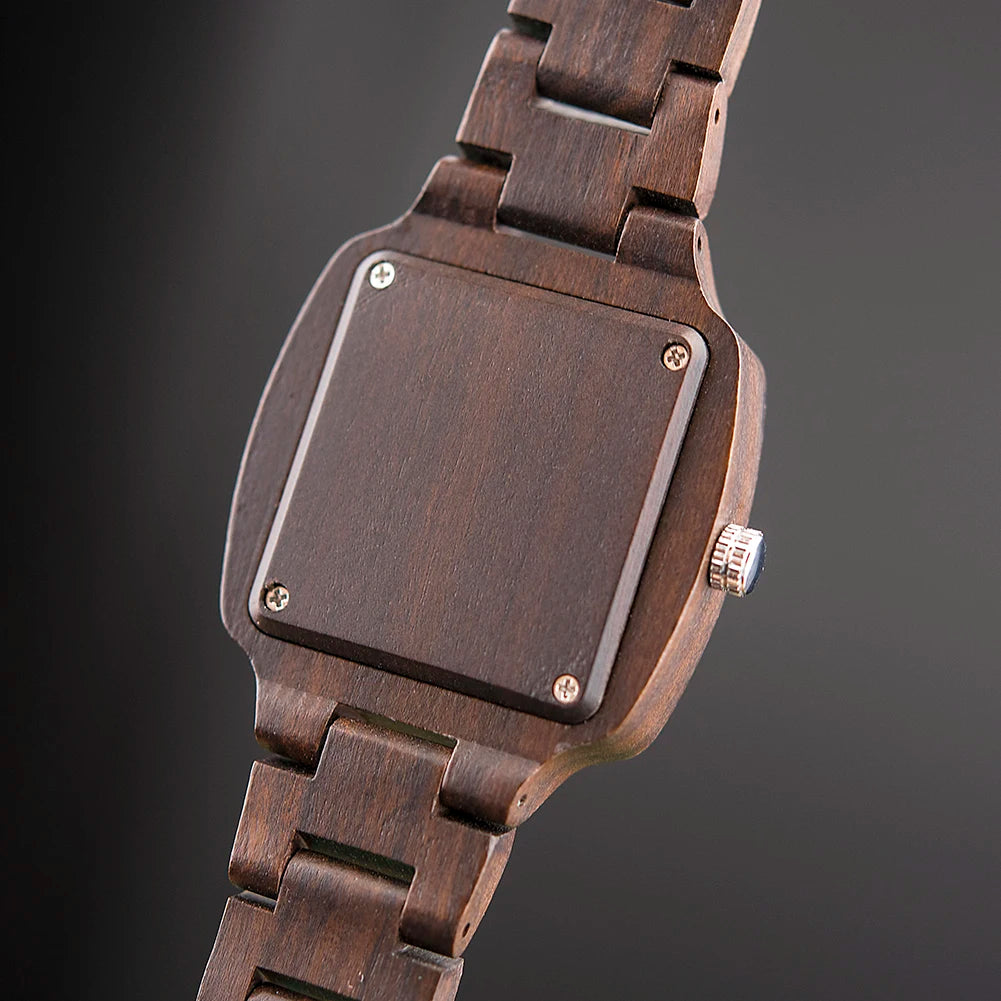 Retro Unisex Wooden Watch for Men or Women - Square Analog Face Unique Hands
