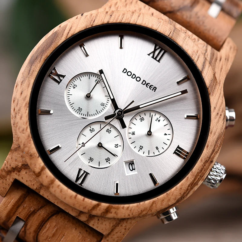Men’s Classic Sports Wooden Watch - Round Analog Face With Date Display