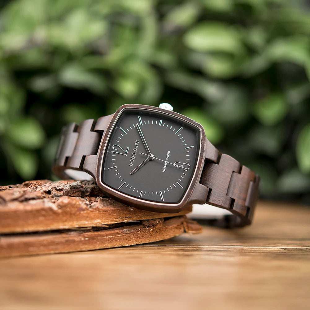 Retro Unisex Wooden Watch for Men or Women - Square Analog Face Unique Hands