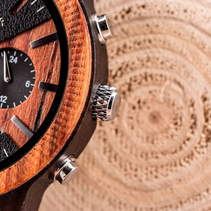 Men’s Chronographic Wooden Sports Watch - Date And Time Analog Display With Round Face