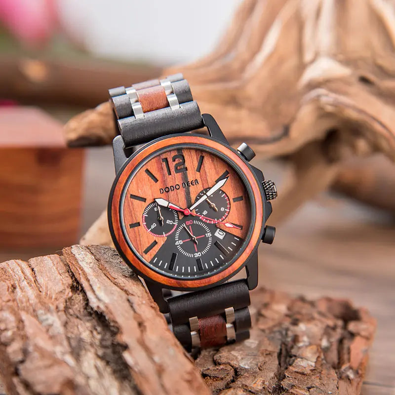 Men’s Stainless Steel And Wood Wrist Watch - Chronographic Sports Face With Analog Date And Time Display