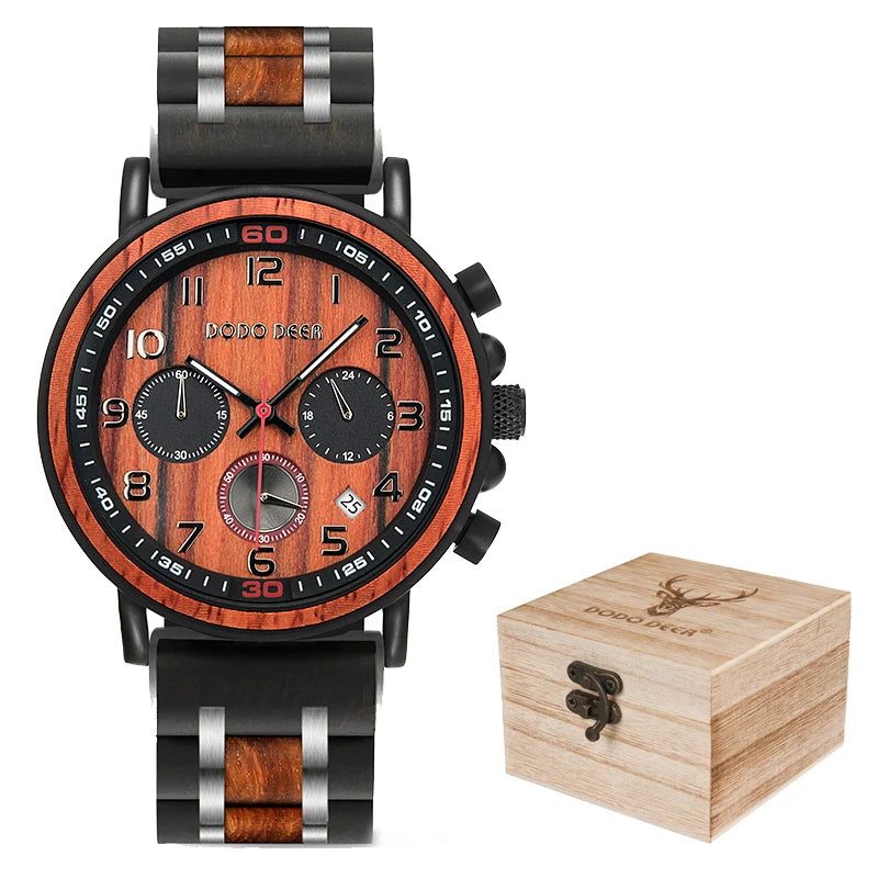 Classic Fashion Men’s Wooden Watch - Red Sandalwood Chronograph Quartz Movement Wristwatch