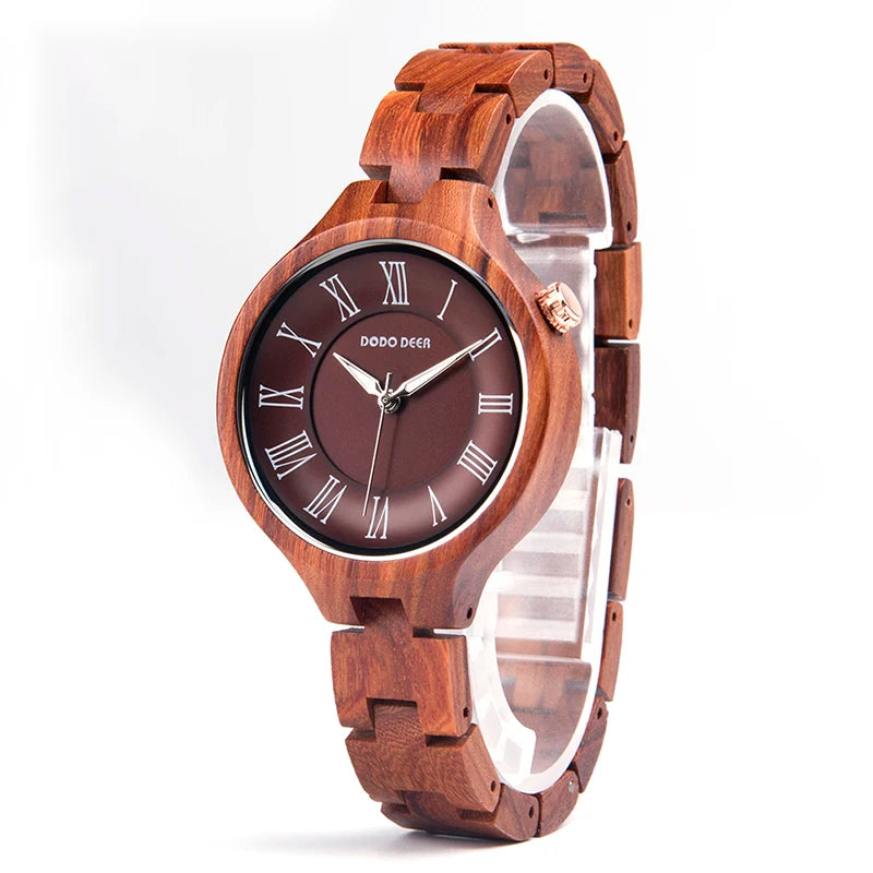 Simple Wooden Quartz Analog Wrist Watch For Women - Round Face With Roman Numerals
