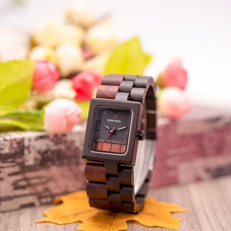 Ladies Wooden Watch With Square Analog Face - Quartz Movement And Retro Display