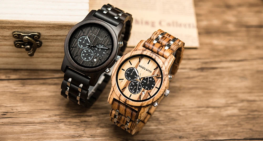 Men’s Wooden Quartz Chronographic Sports Watch - Analog Face With Luminous Hands And Time Date Display