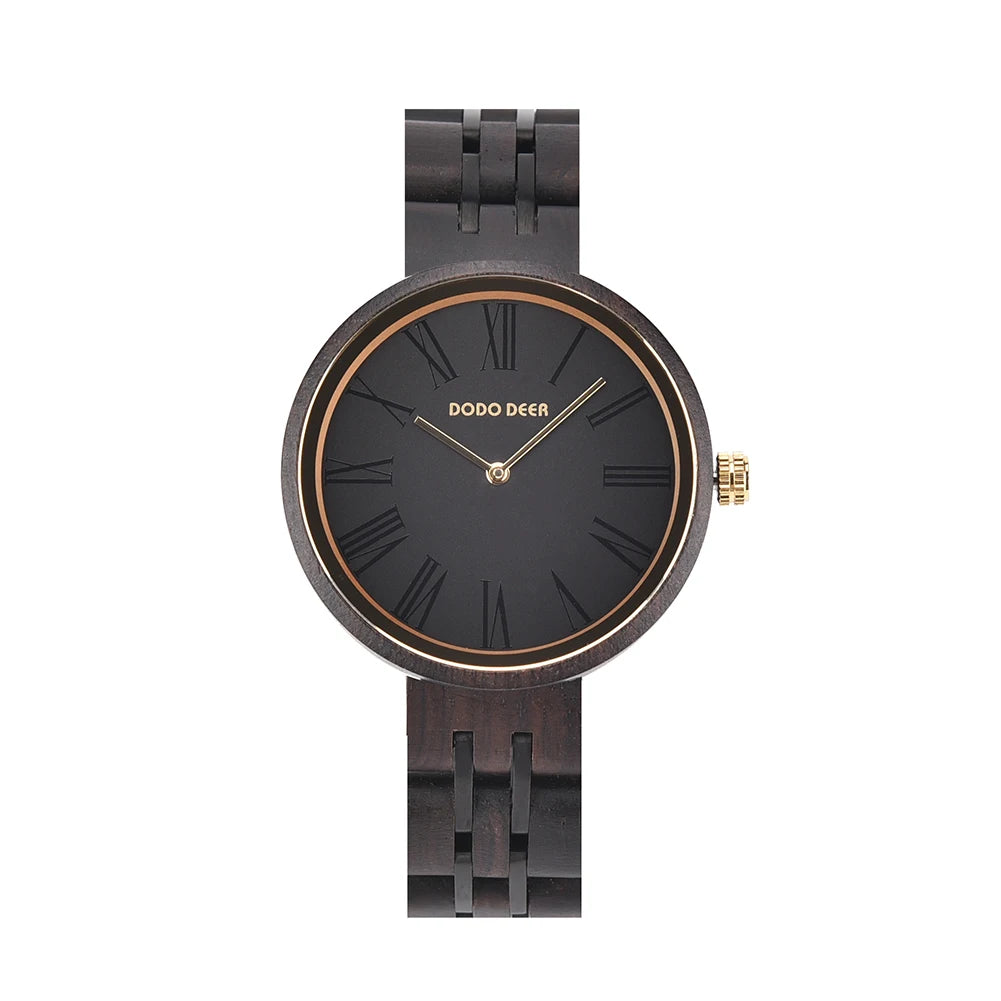 Fashion Ebony Wooden Watch For Women - Round Analog Face With Roman Numerals