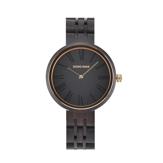 Fashion Ebony Wooden Watch For Women - Round Analog Face With Roman Numerals