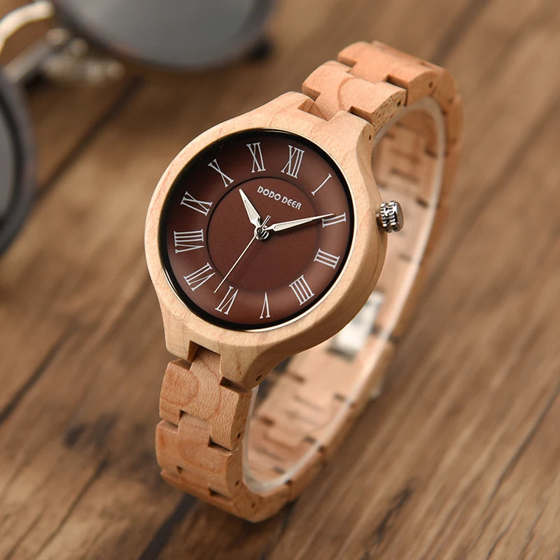 Women's Wooden Fashion Watch - Classic Retro Analog Display With Tound Face And Quartz Movement