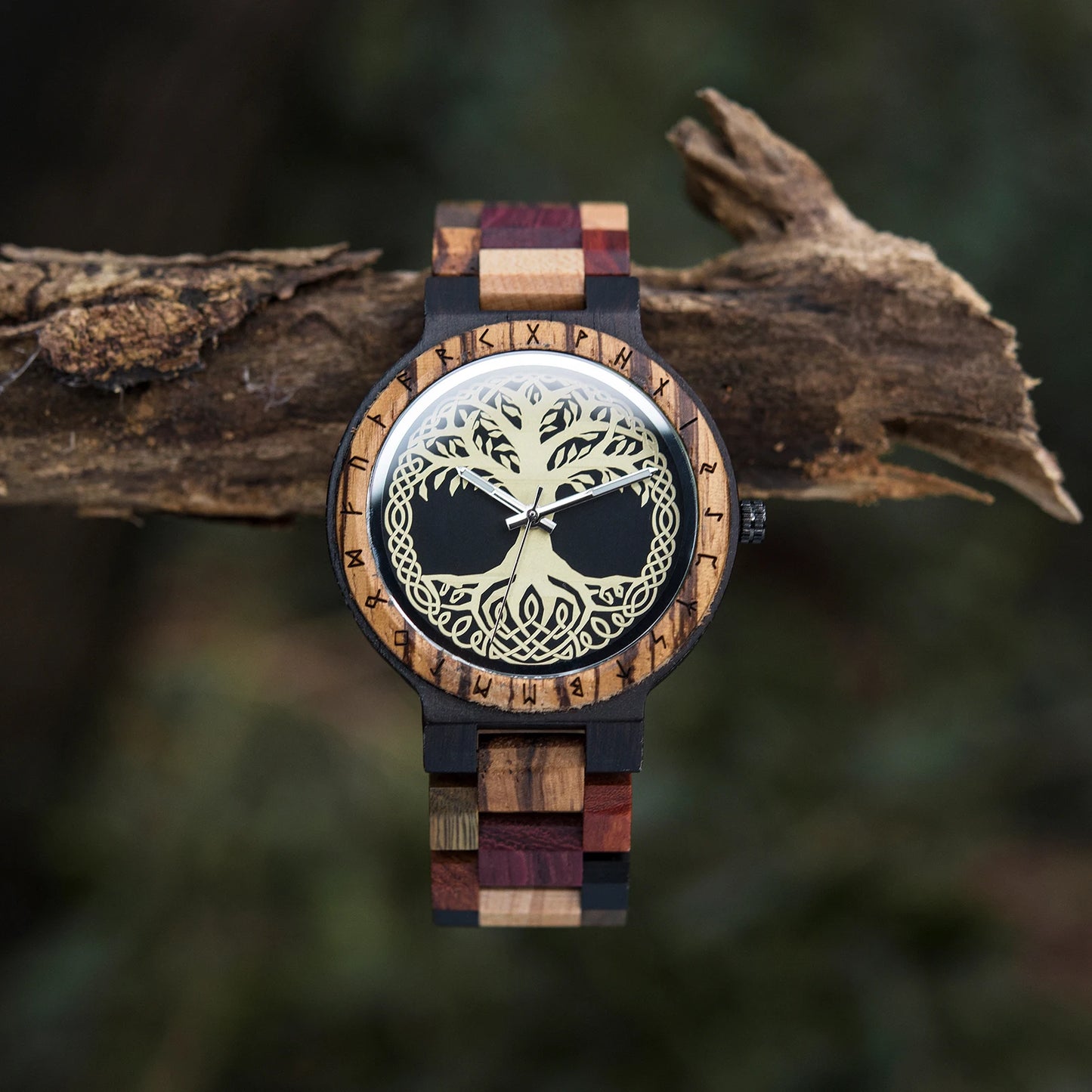 Men's Handmade Wooden Wristwatch - Viking Style Carved Round Face - Quartz Movement