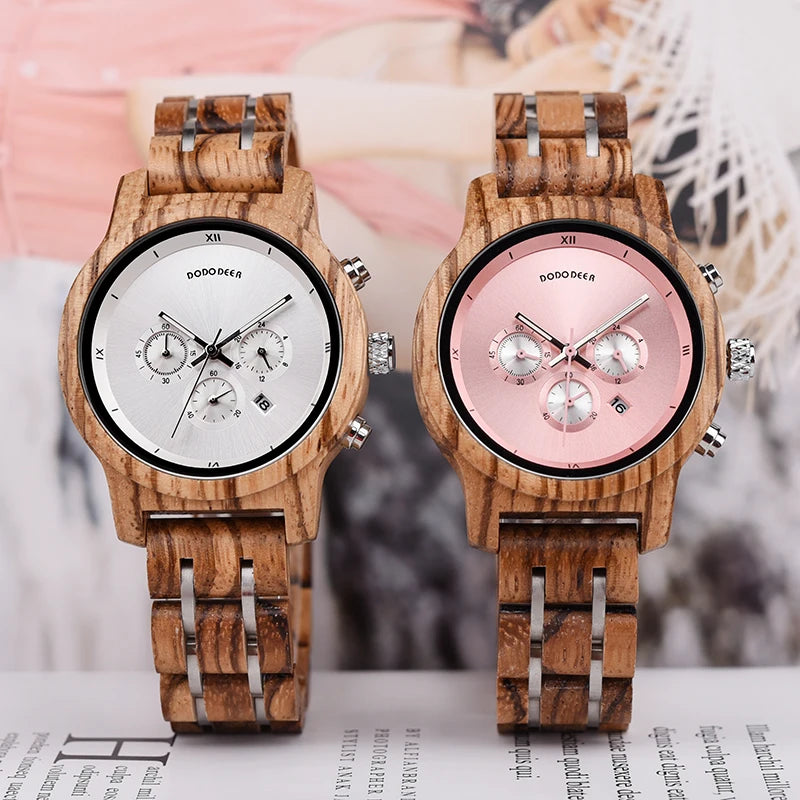 Women’s Luxury Wooden Watch with Chronograph Date and Quartz Movement