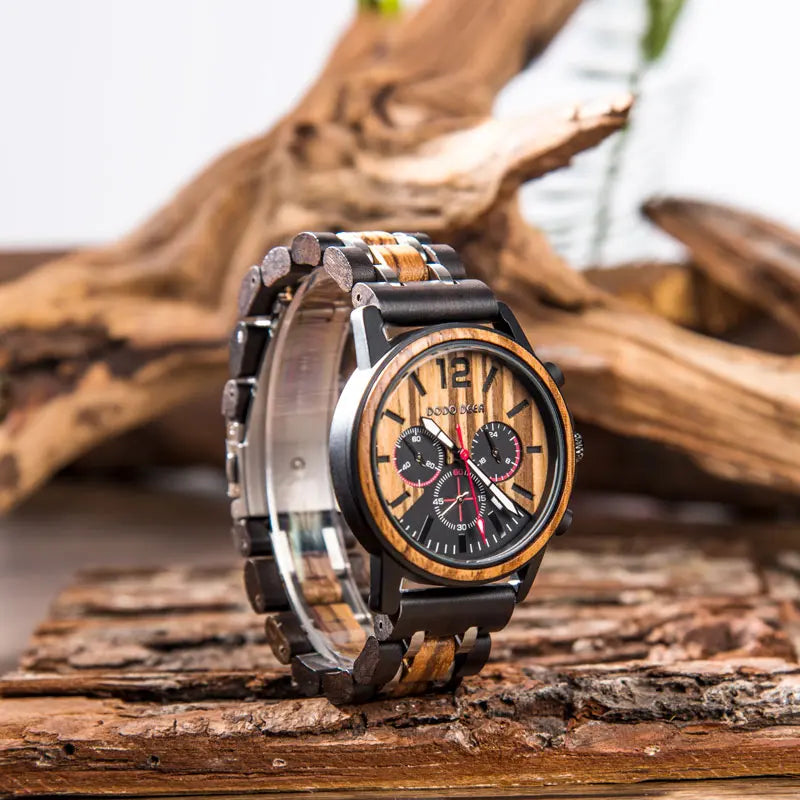 Men’s Stainless Steel And Wood Wrist Watch - Chronographic Sports Face With Analog Date And Time Display